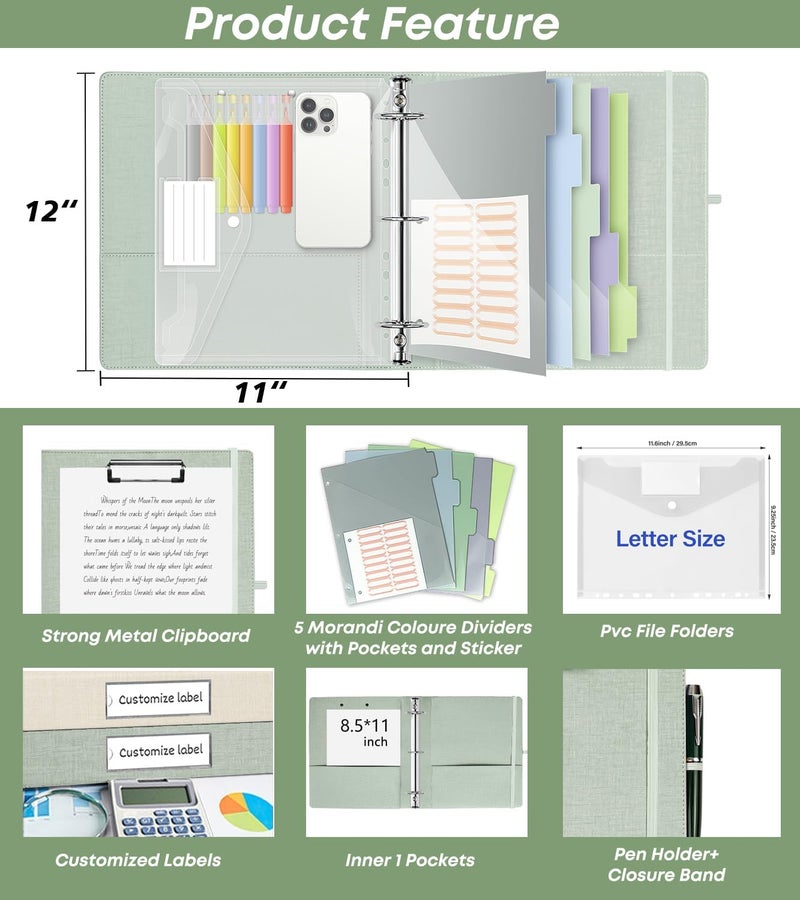 BVSSX 2 Inch 3 Ring Linen Binder Organizer, Three Ring Binders with Clipboard, Plastic Folder, 5-Tabs Pocket Dividers with Sticker Labels, Pen Loop, Elastic Strap (Sauge, Letter Size) - Image 2